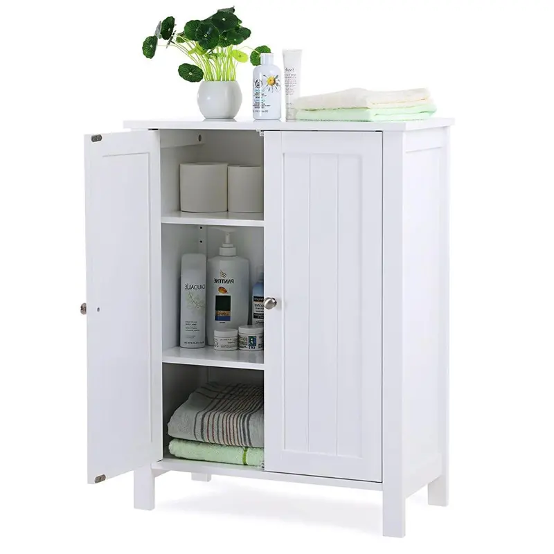White Freestanding Bathroom Floor Cabinet With Two Doors And Adjustable Shelves 1