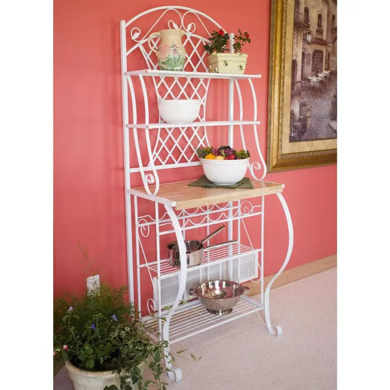 White Metal Baker’S Rack – 5-Bottle Wine Storage + Wooden Work Surface 1