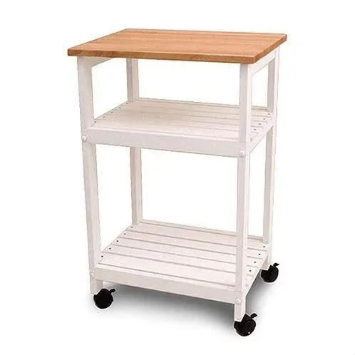 White Microwave Cart With Butcher Block Countertop And Locking Casters 1