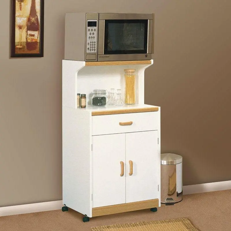 White Microwave Stand With Natural Wood Accents And Locking Dual Casters 1