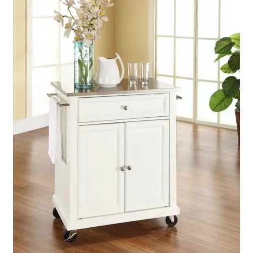 White Stainless Steel Portable Kitchen Island Cart With Rolling Mobility 1