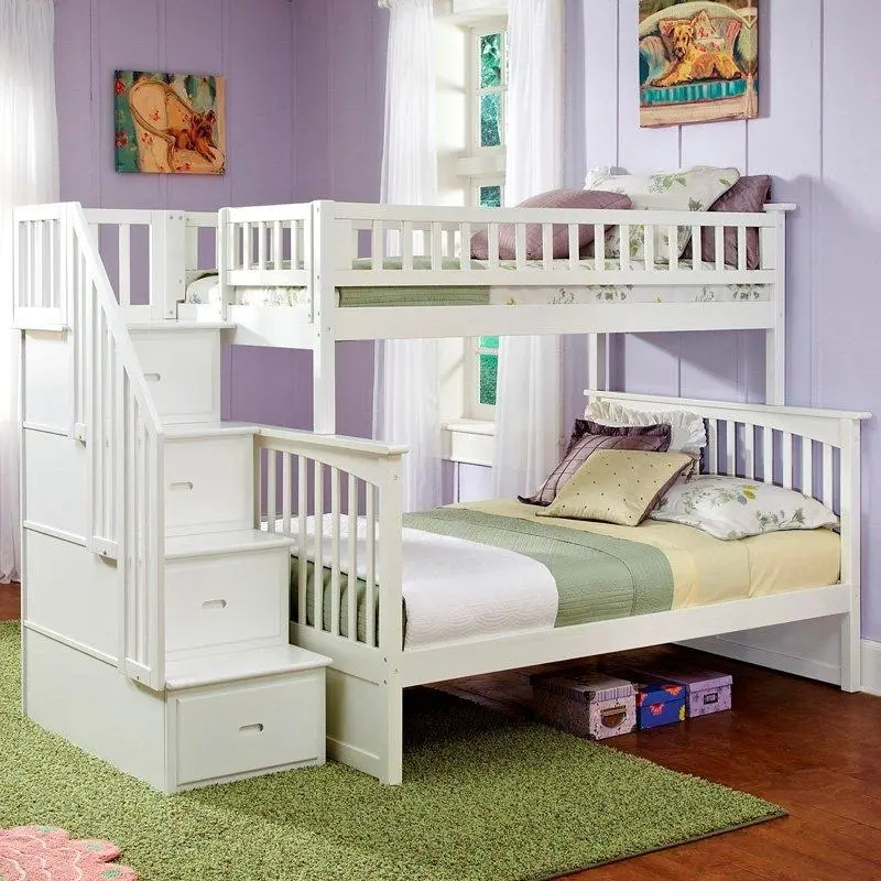 White Twin-Over-Full Bunk Bed With Staircase Storage Drawers 1