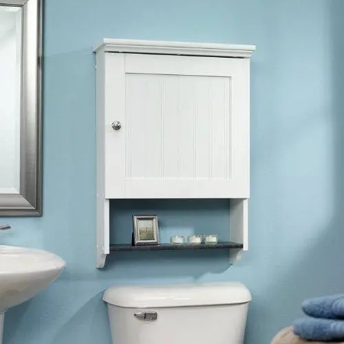 White Wall-Mounted Bathroom Cabinet With Open Display Shelf And Concealed Storage 1