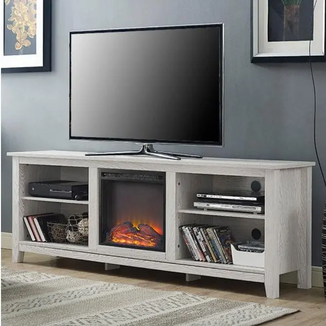 Whitewashed Wood 70-Inch Tv Stand – Built-In Fireplace Heater 1