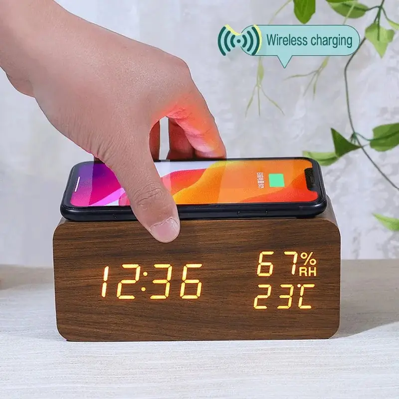 Wooden Digital Alarm Clock By Danoz Exclusive – Led Temperature & Humidity Monitor With Wireless Smartphone Charging 1
