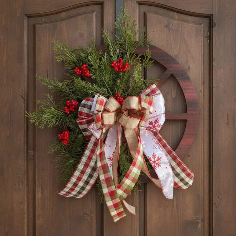 Wooden Wagon Wheel Wreath – Seasonal Floral & Bow Door Hanging Decor (40 Cm Diameter) 1
