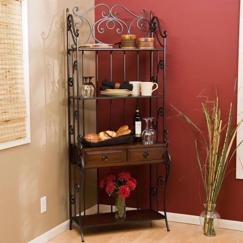 Wrought Iron Bakers Rack With Walnut Wood Shelves – Industrial Kitchen Storage 1