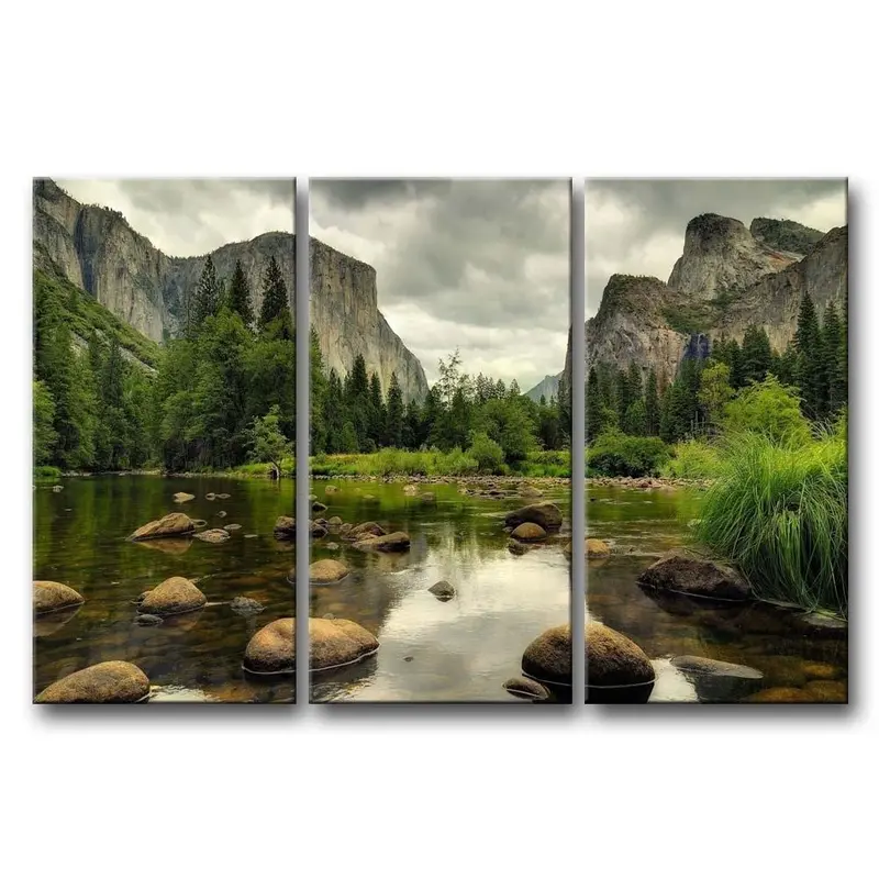 Yosemite Mountain Stream Canvas Wall Art – Framed 3-Piece Landscape Print Set 1