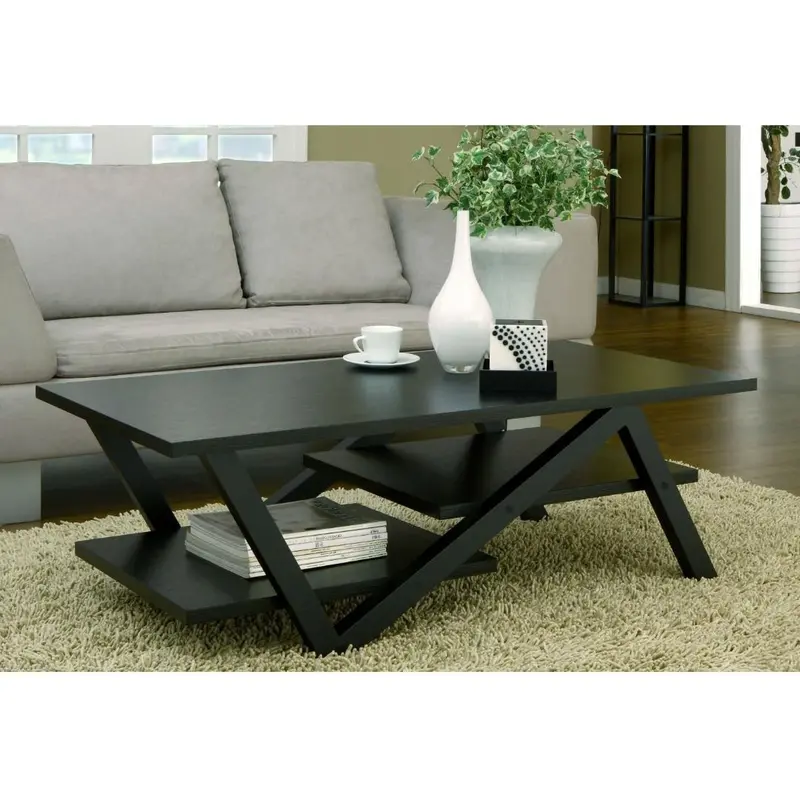 Z-Shape Black Wood Coffee Table With Floating Shelves – Modern Living Room Centerpiece 1