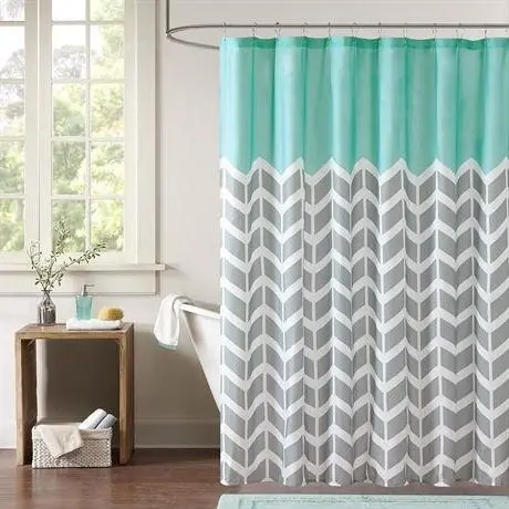 Zigzag Chevron Shower Curtain – Teal, Grey & White Microfiber With Floral Accent Border 1