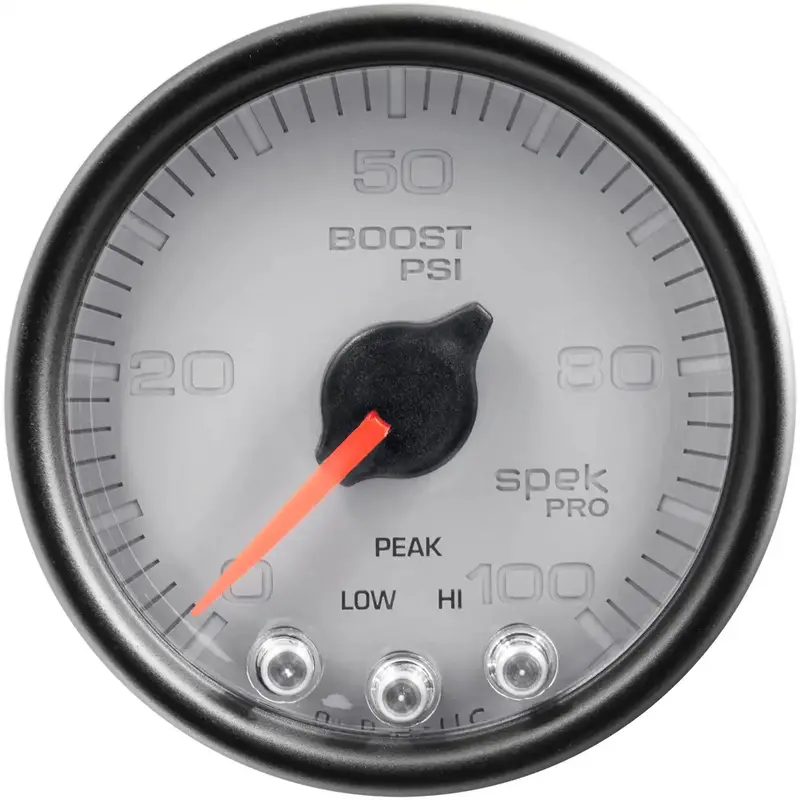 Autometer Spek-Pro Boost Gauge – 2-1/16", 100 Psi, Stepper Motor With Peak Hold & Warning Features (Silver/Black) 1